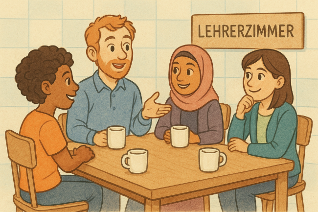 Lehrer sitzen an einem Tisch und besprechen sich 